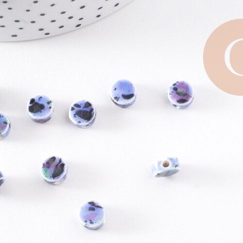 Perles porcelaine bleue clair moucheté, perle céramique, perle porcelaine,perle disque, céramique bleue,8mm, x10 g4777