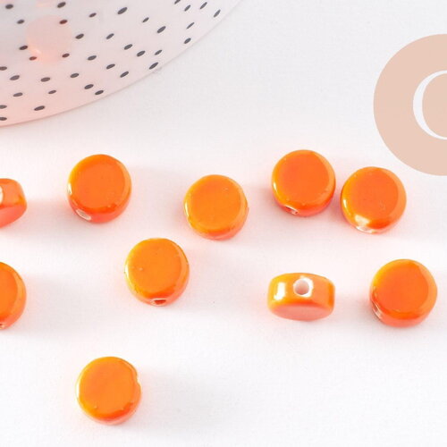 Perles porcelaine orange, perle céramique,perle disque, céramique orange,10mm, x10 g4729