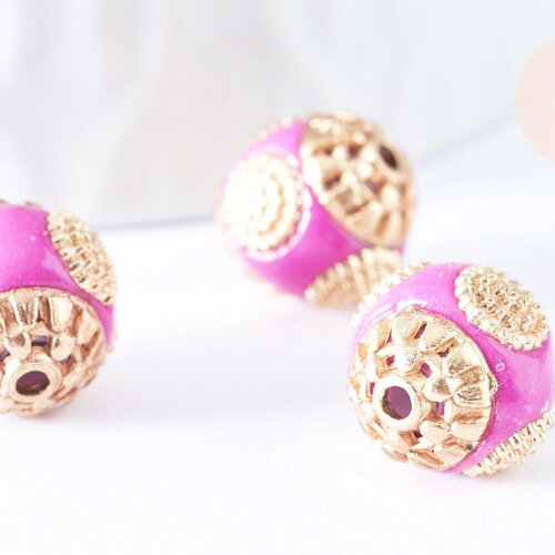 Perle indonesienne polymère rose fuchsia strass et zamac doré 12mm, ethnique exotique, x1 (g6571)