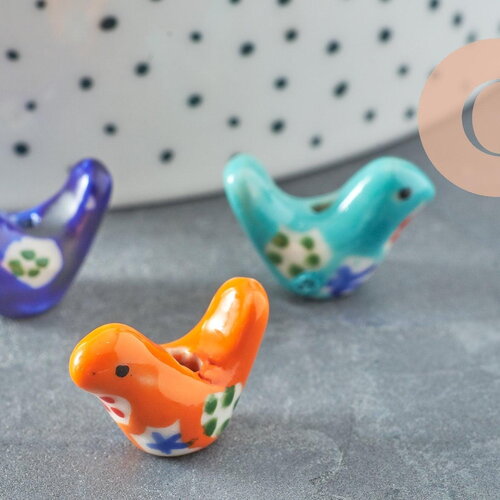 Perle oiseau porcelaine multicolore décor fleurs 19mm, perle céramique, fabrication bijoux amour et amitié, x1 (g9818)