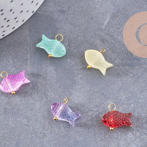 Breloque poisson verre multicolore laiton doré 15.5mm, x5 (g10218)