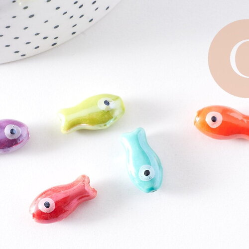 Perle poisson porcelaine multicolore 19.5mm, x5 (g10321)