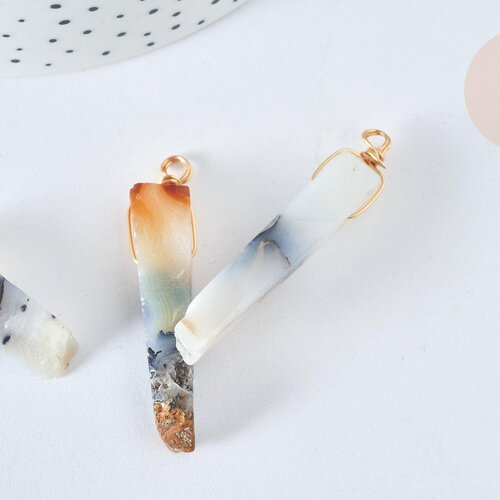 Pendentif agate naturelle rectangle marronblanc cuivre doré 30~41mm,pierre naturelle, x1, g7595