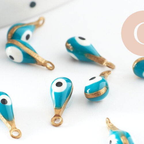Pendentifs doré goutte émail bleu turquoise, mauvais oeil, laiton doré, pendentif chance,création bijoux,9mm, x10 g3327