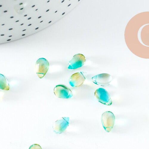 Perles goutte cristal tchèque bleu vert 9x6x5mm, perle création bijoux x50 g5361