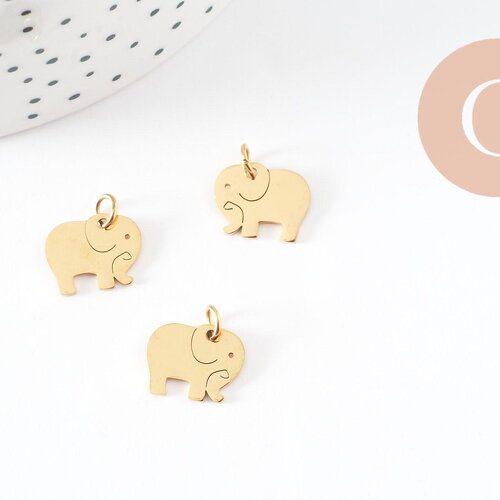Pendentif éléphant acier 304 inoxydable doré 11mm, création bijoux animal x1 (g9838)