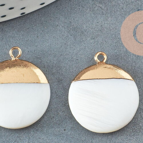 Pendentif nacre blanche naturelle doré,fourniture créative,pendentif rond nacre,coquillage blanc, 23.5mm,x2 g5145