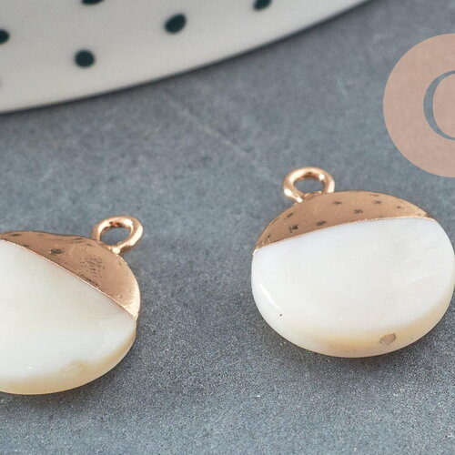 Pendentif nacre blanche naturelle laiton doré 16.5mm,pendentif rond nacre,coquillage blanc, x2 g3034
