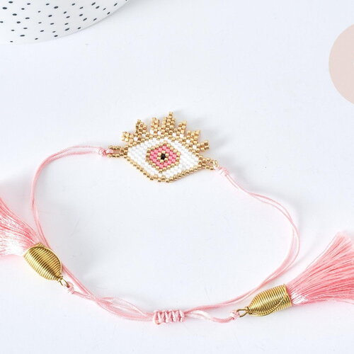 Bracelet réglable losange mauvais œil rose et or 28cm cordon nylon perles rocailles tissées , bijou chance à offrir, bracelet amitié, x1 g76