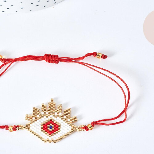 Bracelet réglable losange mauvais œil rouge or 28cm cordon nylon perles rocailles tissées , bijou chance à offrir, bracelet amitié, x1 g7677
