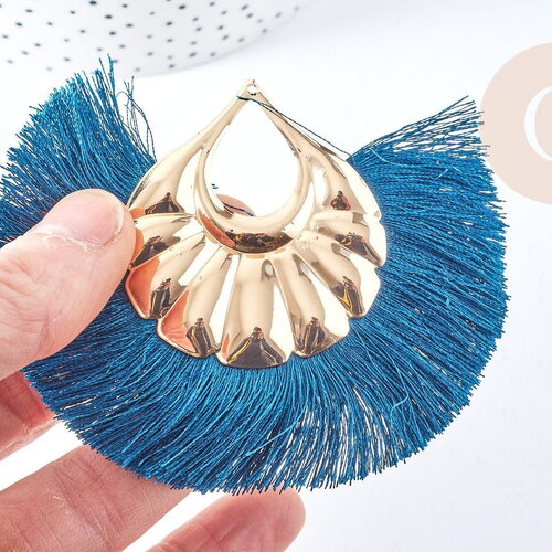 X 2 pendentifs larges pompon fil bleu vert support fer doré 85-92mm g8505