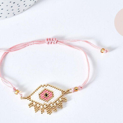 Bracelet réglable losange mauvais œil rose or 28cm cordon nylon perles rocailles tissées , bijou chance à offrir, bracelet amitié, x1 g7691