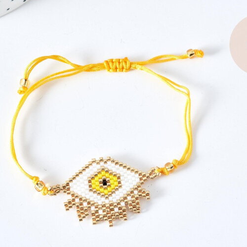 Bracelet réglable losange mauvais œil jaune et or 28cm cordon nylon perles rocailles tissées , bijou chance à offrir, bracelet amitié, x1 g7