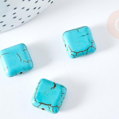 Perle carrée howlite turquoise,howlite naturelle, perle turquoise, perle pierre,15mm, x10 (g3437)