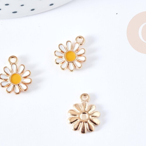 Pendentif fleur marguerite blanche doré émaillé zamac doré 15mm, création bijoux, pendentif doré, x1 g8611