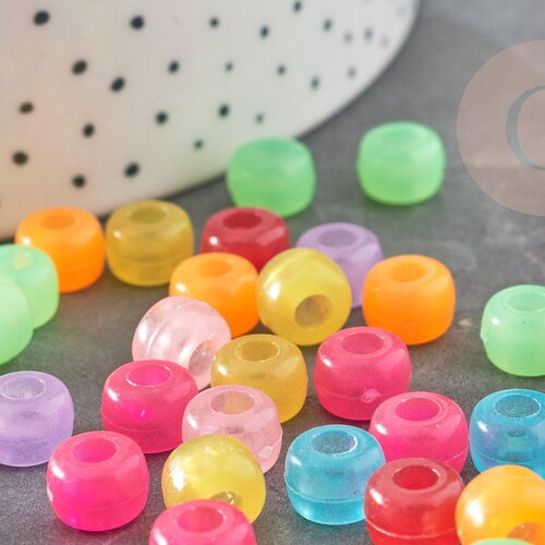 Perle rondelle en plastique translucide multicolore 9mm , perle phosphorescente, couleurs mélangées, x50 (12.9g) g9307