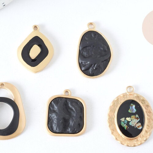 Pendentif zamac doré émail noir et coquille 25mm, création bijoux diy, x1 g7368
