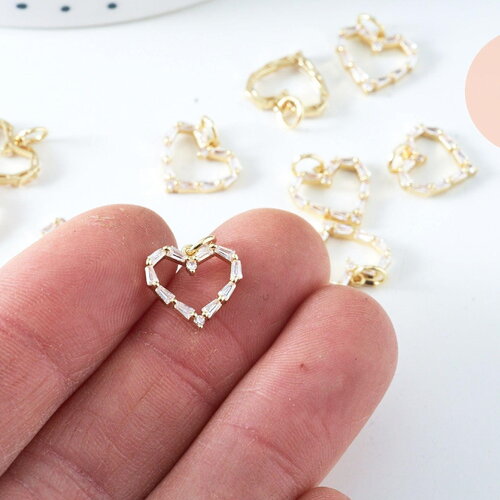 Pendentif coeur laiton doré 18k et cristal zircon 12mm,pendentif laiton amour pour création bijoux, x1 g6182