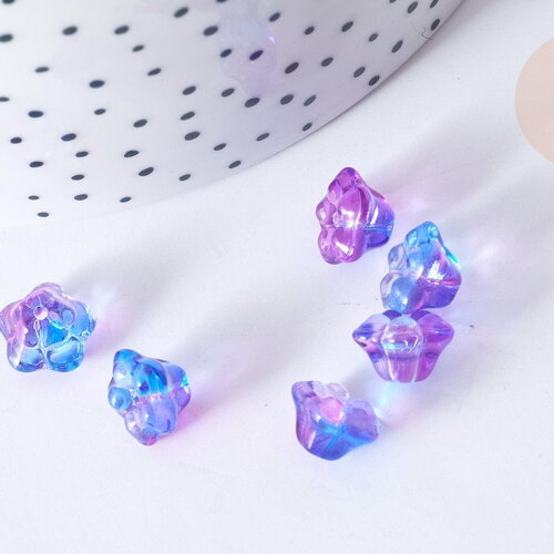 Perle fleur verre transparent bleu-violet 10mm, perle verre fleur, perle artisanale verre, x20 (g7961)