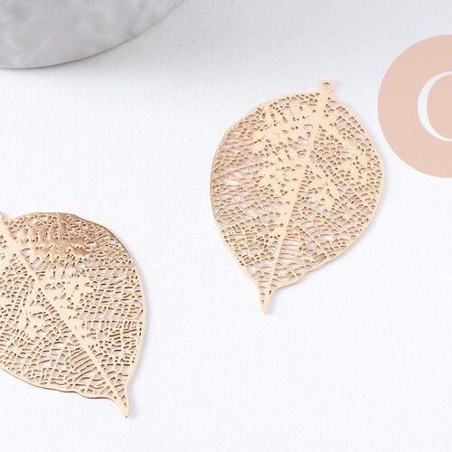 Pendentif estampe filigrane feuille laiton doré 42.5mm, x2 (g10350)