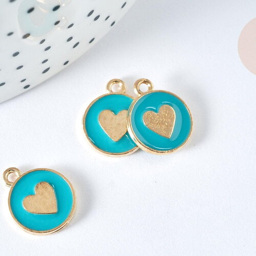 Pendentif médaille rond cœur émail turquoise zamac doré, création bijou amour, x1 (g7422)