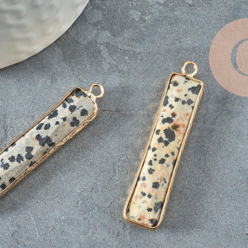 Pendentif rectangle jaspe dalmatien naturel laiton doré 45mm, création bijoux pierre naturelle, x1 g1426