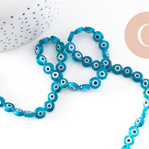 Perle disque mauvais oeil grecque verre bleu turquoise,perle verre chance, perle artisanale verre, 8mm,fil de 49 perles, x1 (g4516)