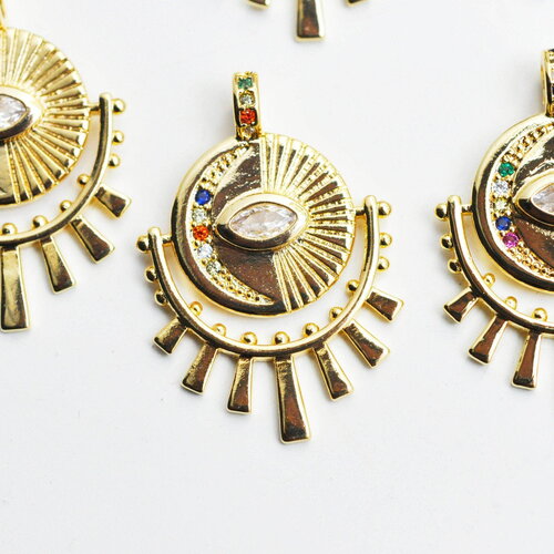 Pendentif médaille ronde oeil laiton doré 18k zircons,pendentif doré original pour la création bijoux chance,31mm, x1 g4656