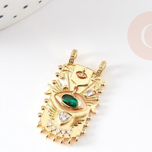 Pendentif médaille rectangle oeil protecteur laiton doré zircon 27.5mm, x1 g5957