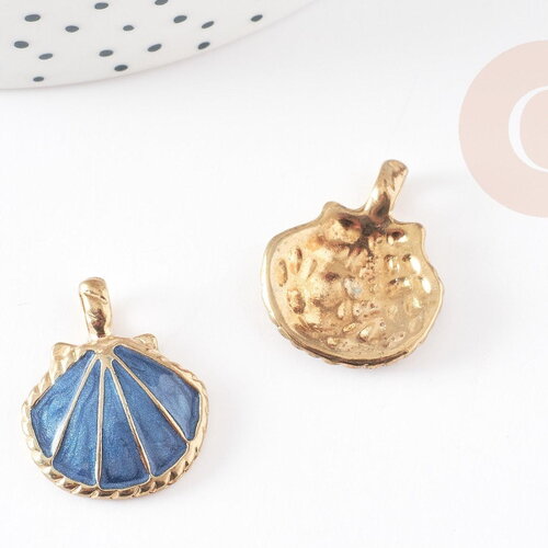Pendentif coquillage zamac doré émail bleu marine 24.5mm, pendentif coquillage pour création bijoux x2 g1884