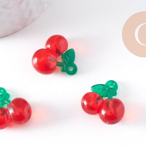 Pendentif cerise résine rouge et verte 19mm, x2 (g10340)