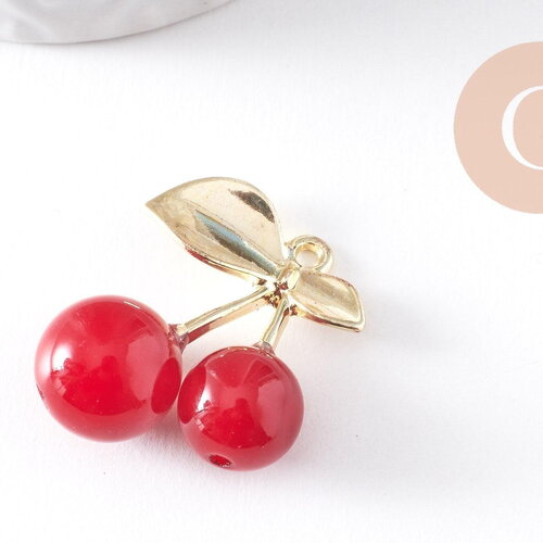 Pendentif cerise laiton doré résine rouge 33mm, x1 (g10339)