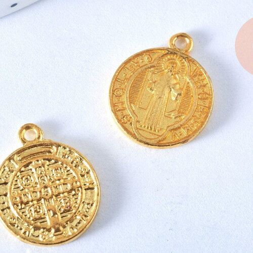 Pendentif médaille ronde saint benoit laiton doré émail jaune 18mm, x1 (g5498)