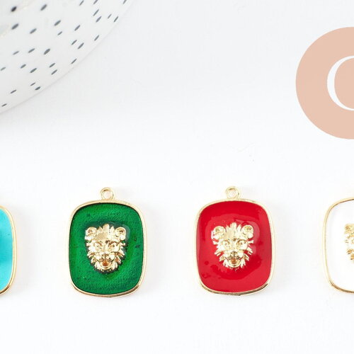 Pendentif médaille rectangle lion émail laiton doré 21.5mm, création bijoux animal x1 g9550