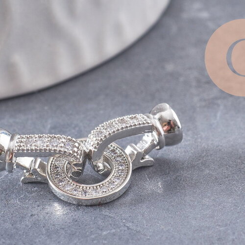 Fermoir à clipser anneaux laiton platine et strass 27mm, x1 (g5316)