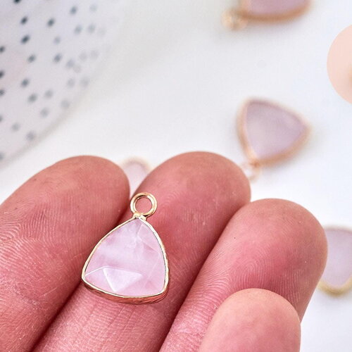 Pendentif triangle quartz rose naturel, pendentif pierre, support doré, création bijoux pierre naturelle, 19mm, x1 g5949