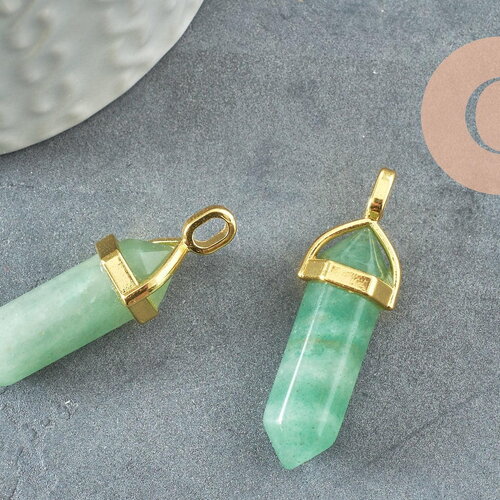 Pendentif pointe aventurine verte naturelle laiton doré 37-41mm, pendentif bijou pierre naturelle, x1 g1957