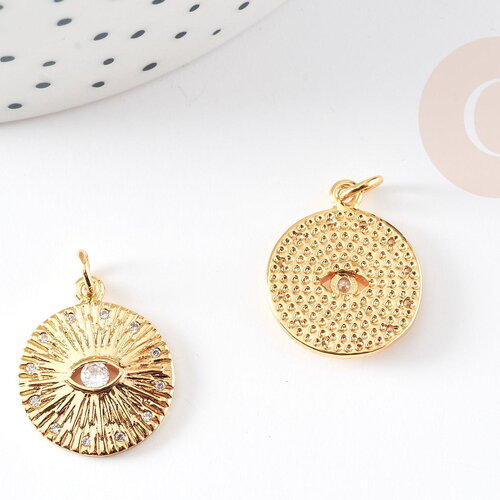 Pendentif médaille ronde oeil laiton doré 18k texturé zircon, pendentif doré sans nickel pour la création médaille or,19mm, x1 g4082