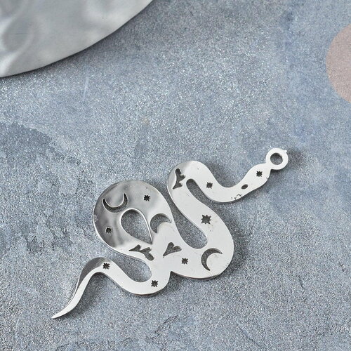 Pendentif serpent lune platine acier inoxydable 32mm, x1 (g7616)