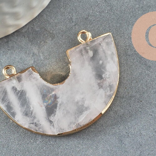Pendentif demi-cercle cristal de roche naturel fer doré 41mm,pendentif quartz pierre naturelle x1 g1374