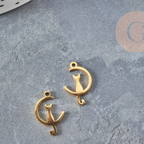 Pendentifs chat en acier 201 doré inoxydable 17.5mm, croissant de lune en forme de chat, création bijou acier doré x1 g4832