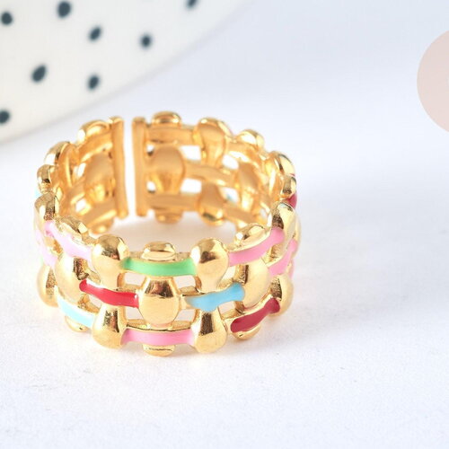 Bague réglable maille croisée acier inoxydable doré émail multicolore taille 54, x1 (g7005)