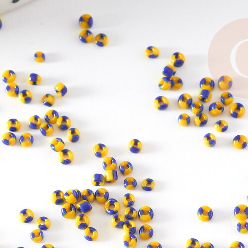 Petite perle rocaille rayé jaune bleu,perle rocaille multicolore,perle multicolore,perle africaine,1.5x2mm, x 10gr (g2929)