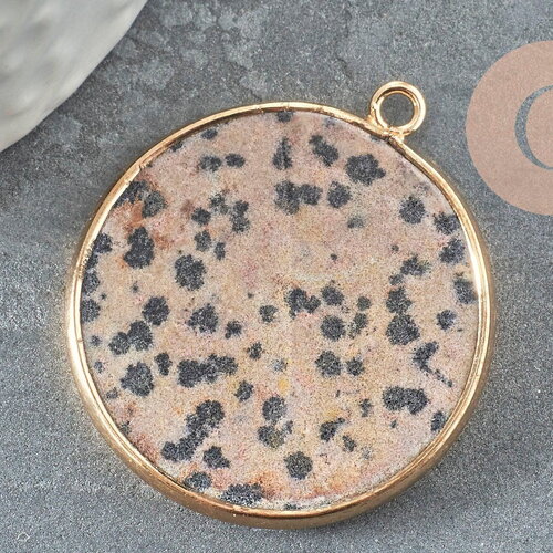 Pendentif ronc jaspe dalmatien naturel laiton doré 36mm, x1 (g2814)