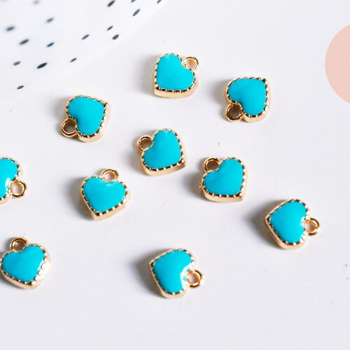 Pendentif cœur zamac doré émail turquoise 8mm,pendentif doré création de bijoux, pendentif cœur, x10 g7105