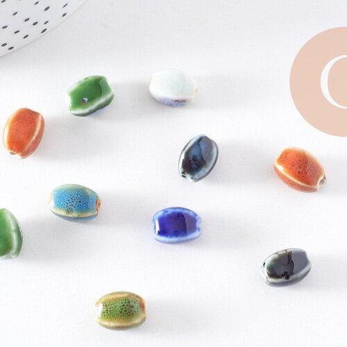 Perles ovales porcelaine multicolore antique 12-14mm, x10 (g10322)