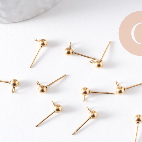 Clous puces oreille boule acier 304-316 doréip inoxydable 14k 4mm, x10 (g10308)