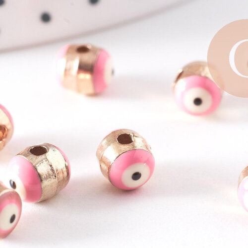 Perle mauvais œil doré émail rose zamac doré 6mm, x10 (g10316)
