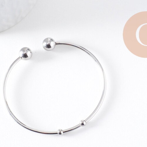 Bracelet jonc ouvert finition boule 4mm acier 304 inoxydable platine 50~65mm, x1 (g10314)