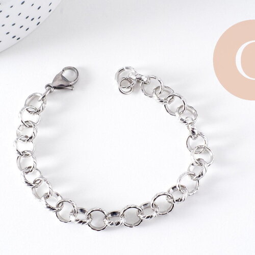 Bracelet très grosse maille rolo acier inoxydable platine texturé 20.3cm, x1 (g10313)